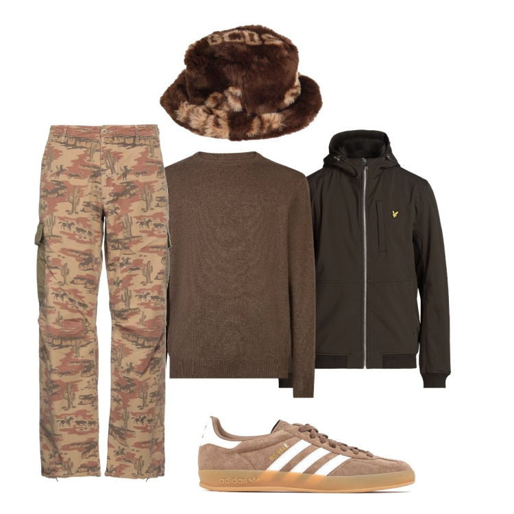 Outfit uomo - Total look #2071566. Stile Trendy per Tutti i giorni. Abbinamento con giacche, cappelli, pantaloni cargo, maglieria, sneakers.
