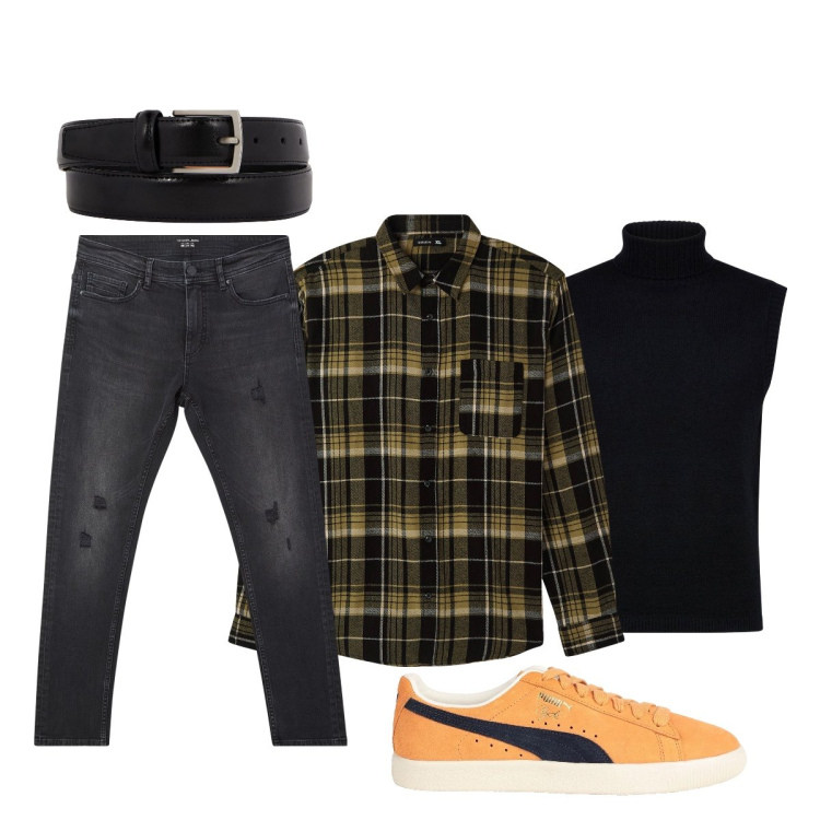 Outfit uomo - Total look #2071567. Stile Casual per Tutti i giorni. Abbinamento con sneakers, jeans strappati, camicie, gilet, cinture.