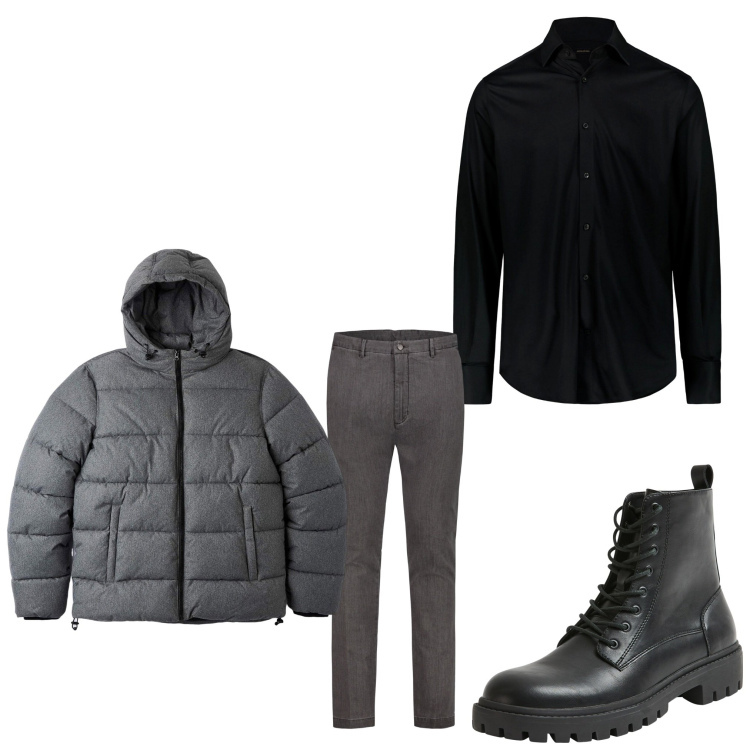 Outfit uomo - Se fa ancora freddo. Stile Casual per Tutti i giorni. Abbinamento con piumini, anfibi, pantaloni, polo.