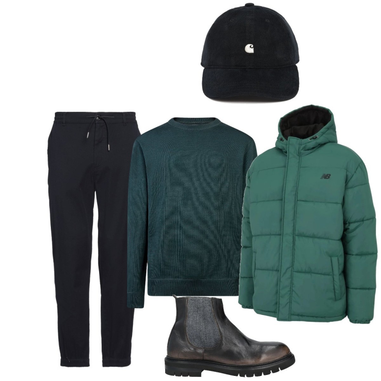 Outfit uomo - Total look #2071572. Stile Casual per Tutti i giorni. Abbinamento con stivali e stivaletti, pantaloni, piumini, maglieria, cappelli.