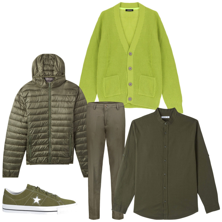 Outfit uomo - Un\'idea di verde. Stile Casual per Tutti i giorni. Abbinamento con sneakers, camicie, piumini, cardigans, pantaloni chino.