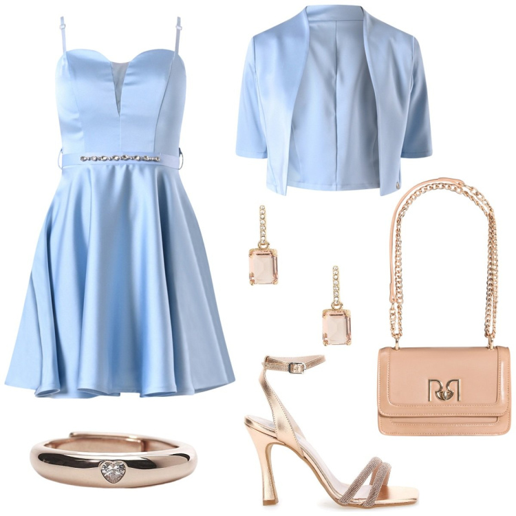 Outfit donna - Matrimonio civile. Stile Glamour per Cerimonia. Abbinamento con anelli, vestiti corti, bolero, borse a tracolla, orecchini, sandali col tacco.