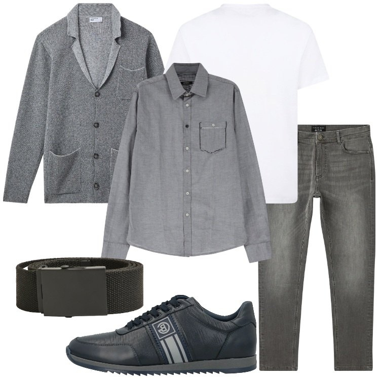 Outfit uomo - Informale in ufficio. Stile Casual per Ufficio. Abbinamento con sneakers, giacche, jeans skinny, cinture, camicie, t-shirt.