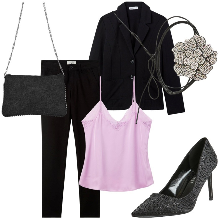 Outfit donna - Tallieur nero. Stile Bon Ton per Serata fuori. Abbinamento con pantaloni chino, top, blazer, collane, décolleté, borse a tracolla.