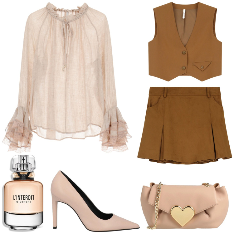 Outfit donna - Appuntamento al buio. Stile Chic per Serata fuori. Abbinamento con borse a tracolla, décolleté, profumi, minigonne, bluse, gilet.