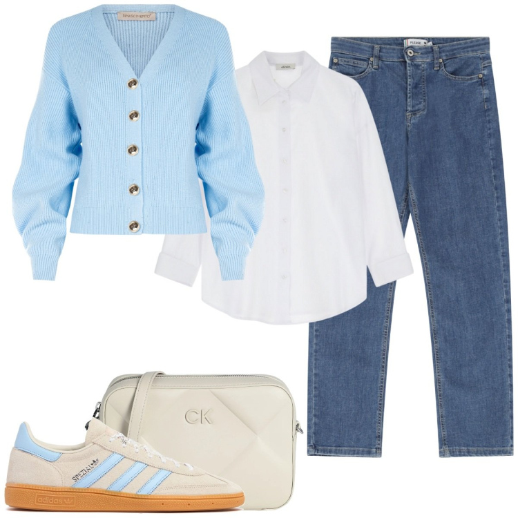 Outfit donna - Azzurro cielo. Stile Casual per Tutti i giorni. Abbinamento con borse a tracolla, cardigans, jeans dritti, camicie, sneakers.