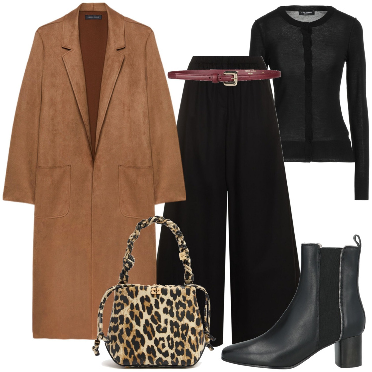 Outfit donna - Cena informale. Stile Glamour per Serata fuori. Abbinamento con stivaletti chelsea, cardigans, cinture, trench, pantaloni, borse a mano.
