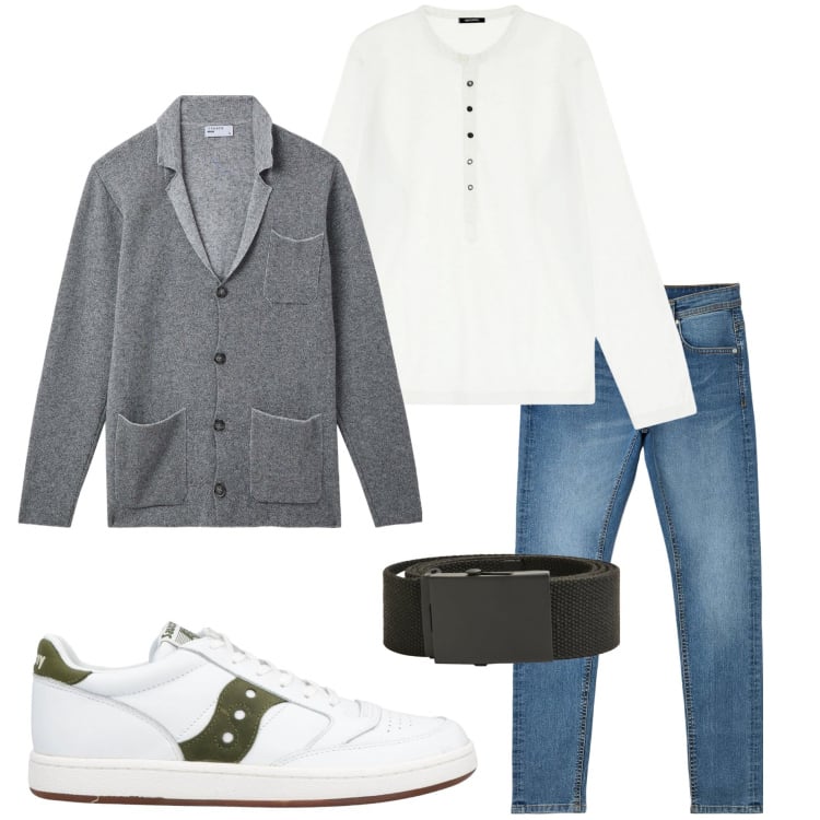 Outfit uomo - A cena da amici. Stile Casual per Serata speciale. Abbinamento con sneakers, giacche, jeans skinny, cinture, polo.