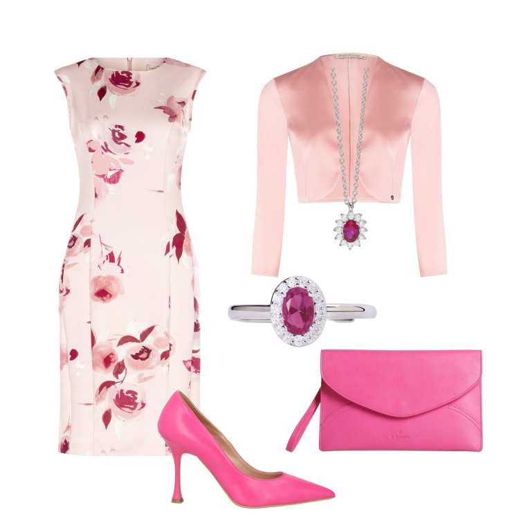 Outfit donna - Cerimonia di primavera. Stile Chic per Cerimonia. Abbinamento con décolleté, borse a mano, anelli, collane, bolero, vestiti a tubino.