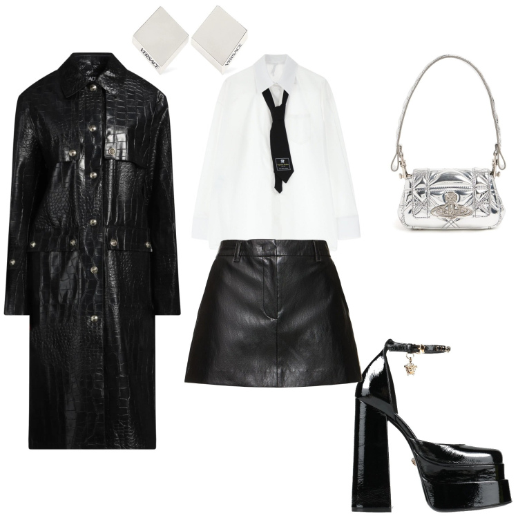 Outfit donna - Unique Style. Stile Chic per Serata fuori. Abbinamento con décolleté, trench, camicie, minigonne, borse a spalla, orecchini.