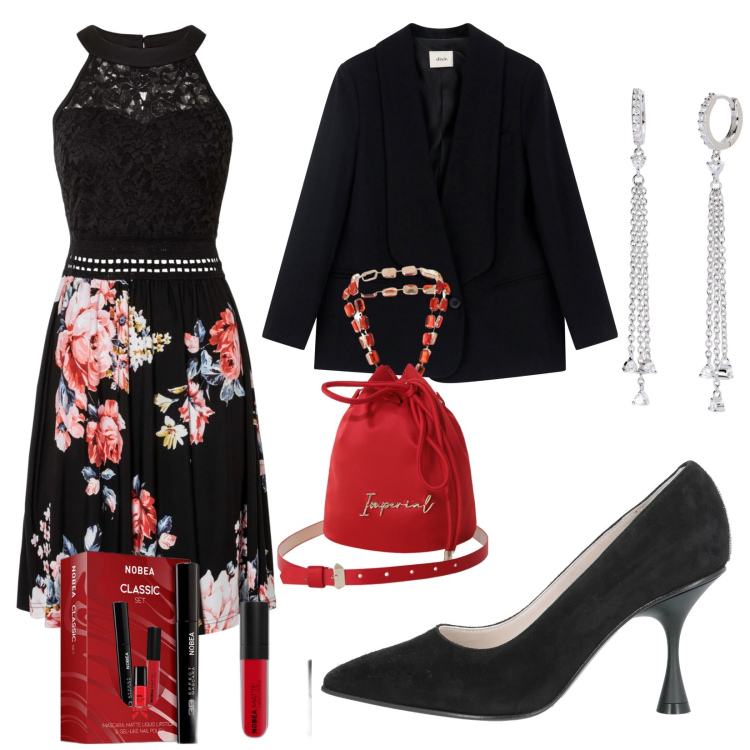 Outfit donna - Total look #2071628. Stile Trendy per Ufficio. Abbinamento con vestiti, décolleté, mascara, orecchini, borse a secchiello, blazer.