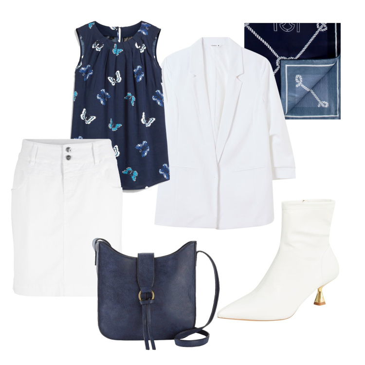 Outfit donna - Bianco ottico e blu Spring Edit. Stile Trendy per Tutti i giorni. Abbinamento con top, minigonne, borse a tracolla, blazer, stivaletti, foulard.