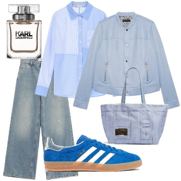Outfit donna - Dettagli che fanno la differenza. Stile Trendy per Tutti i giorni. Abbinamento con profumi, jeans, camicie, blazer, shopping bag, sneakers.
