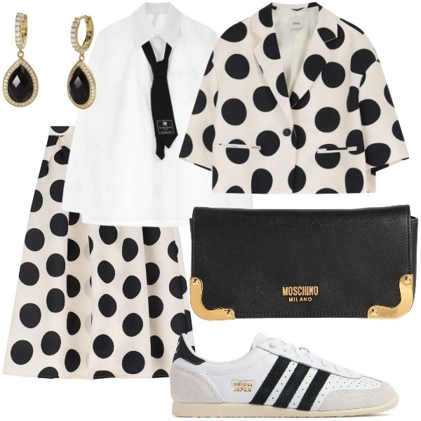 Outfit donna - Dettagli che fanno la differenza. Stile Glamour per Serata fuori. Abbinamento con borse a mano, orecchini, camicie, blazer, gonne longuette, sneakers.