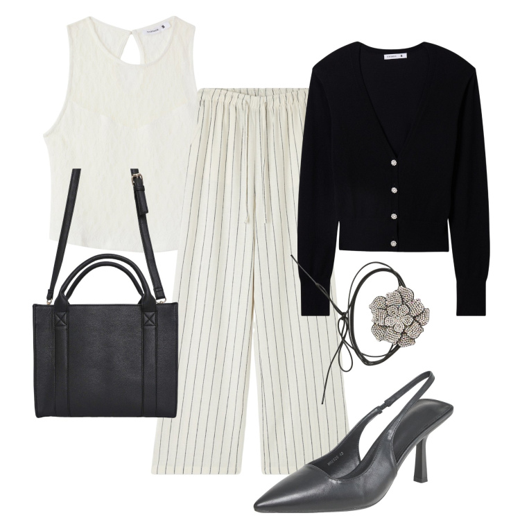 Outfit donna - Ufficio & cena Terranova. Stile Glamour per Ufficio. Abbinamento con pantaloni, borse tote, top, cardigans, collane, décolleté.