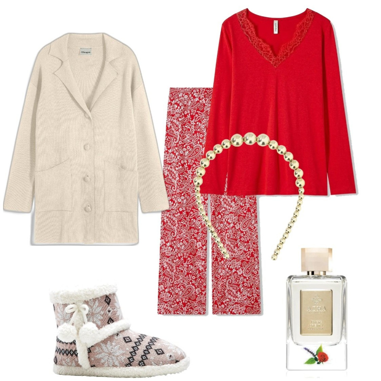 Outfit donna - Domenica sul divano. Stile Casual per Tutti i giorni. Abbinamento con cardigans, pigiama, pantofole, profumi, cerchietti.