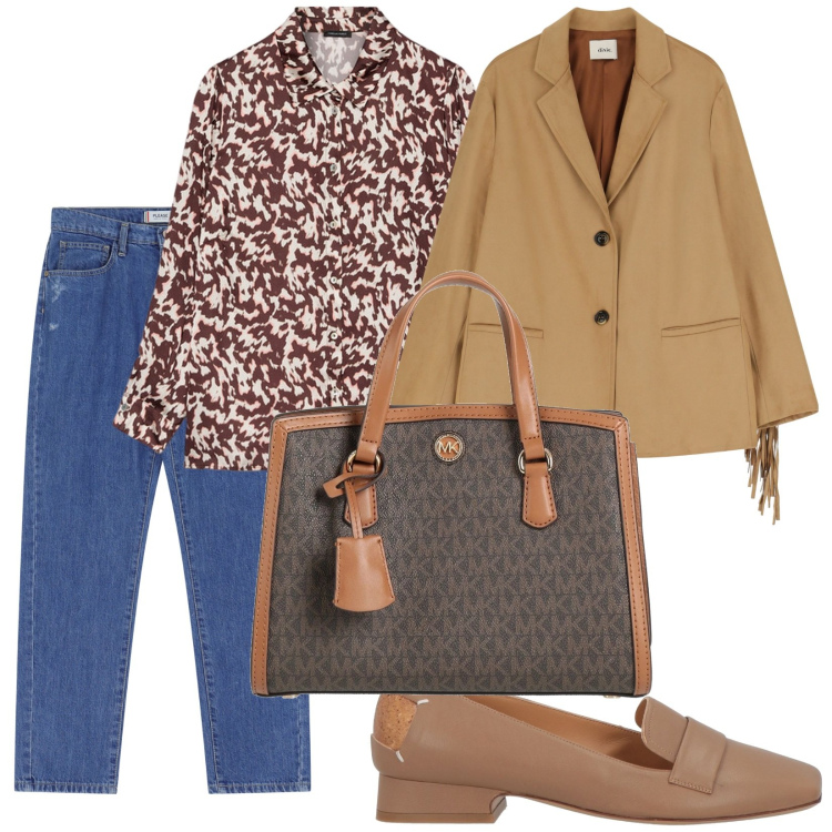 Outfit donna - Al bar. per Tutti i giorni. Abbinamento con borse a mano, mocassini, jeans dritti, blazer, camicie.