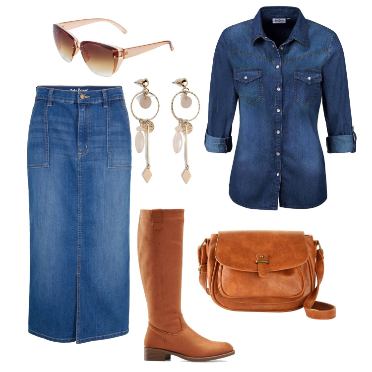Outfit donna - Denim Bonprix in primavera. Stile Casual per Tutti i giorni. Abbinamento con gonne, camicie, borse a tracolla, stivali, occhiali da sole, orecchini.