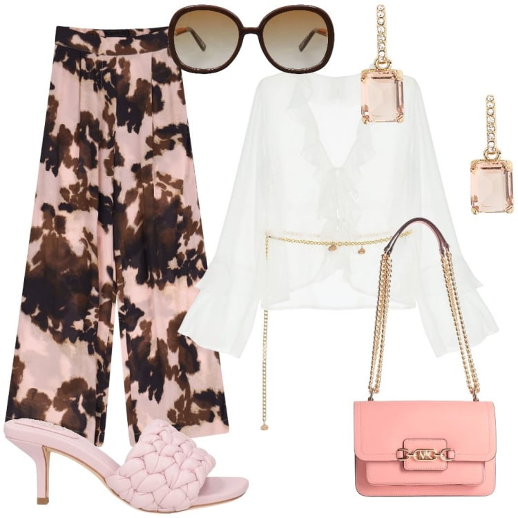 Outfit donna - Spring. Stile Chic per Cerimonia. Abbinamento con sandali col tacco, borse a spalla, occhiali da sole, pantaloni a palazzo, bluse, orecchini.