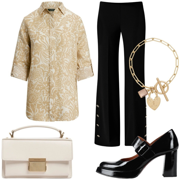 Outfit donna - Spring. Stile Chic per Serata fuori. Abbinamento con décolleté, pantaloni a palazzo, camicie, braccialetti, borse a mano.