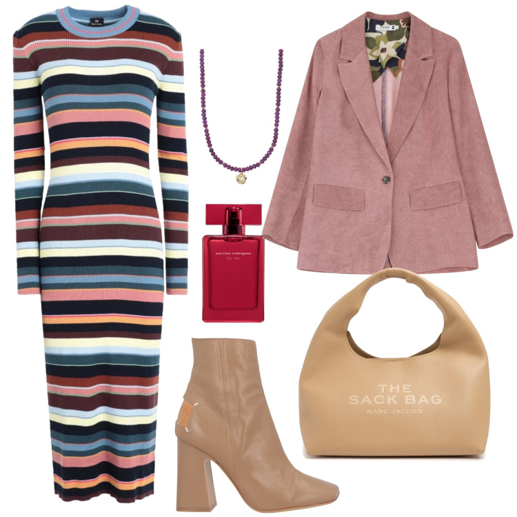 Outfit donna - Esco con le amiche. Stile Casual chic per Tutti i giorni. Abbinamento con stivaletti, vestiti midi/longuette, profumi, collane, blazer, borse a spalla.