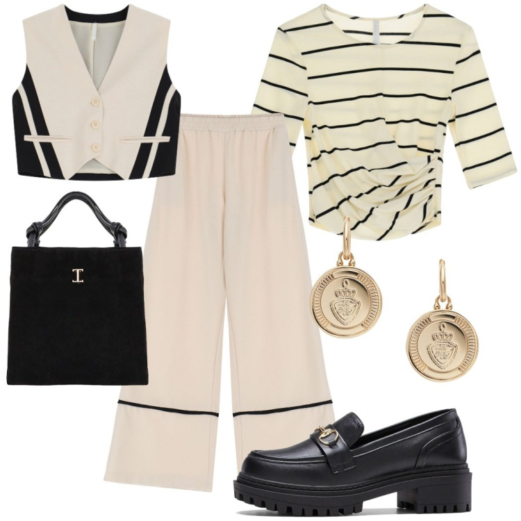 Outfit donna - Outfit ufficio. Stile Mannish per Ufficio. Abbinamento con mocassini, t-shirt, gilet, pantaloni, shopping bag, orecchini.