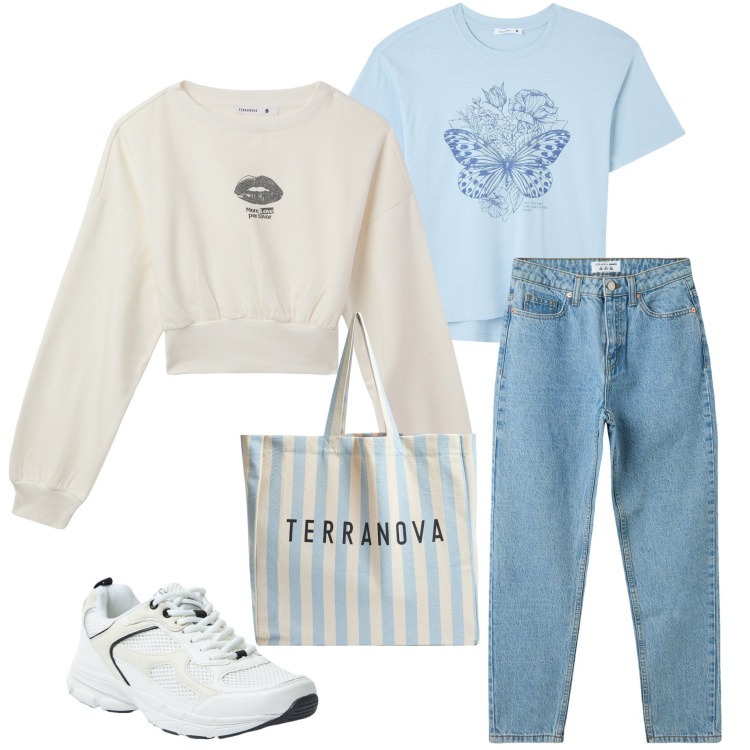 Outfit donna - Terranova PE25. Stile Casual per Tutti i giorni. Abbinamento con jeans mom, felpe, t-shirt, borse tote, sneakers.
