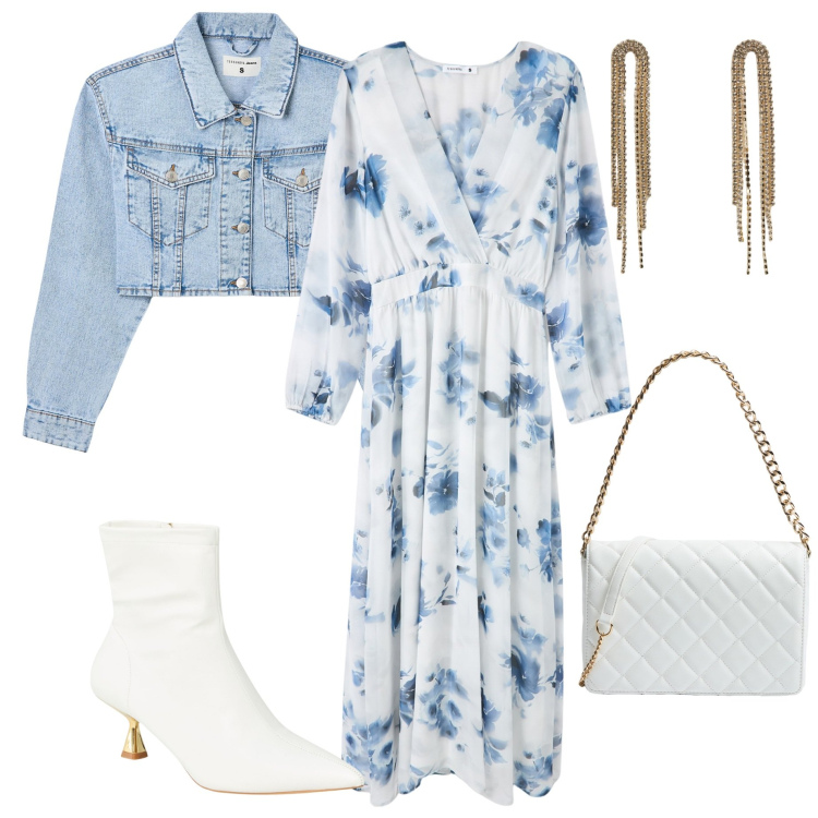 Outfit donna - Terranova PE25. Stile Casual chic per Serata fuori. Abbinamento con stivaletti, vestiti lunghi, blazer, orecchini, borse a tracolla.