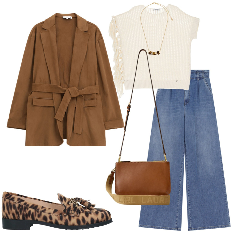 Outfit donna - Bantoa spring edit. Stile Casual chic per Serata fuori. Abbinamento con mocassini, blazer, jeans, maglieria, borse a tracolla, collane.