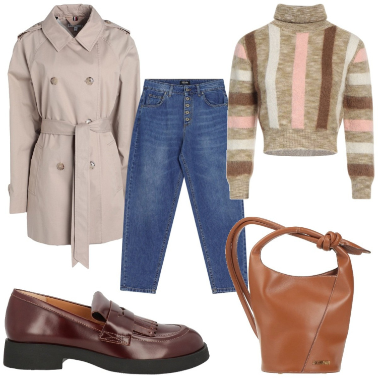 Outfit donna - Total look #2071703. Stile Trendy per Tutti i giorni. Abbinamento con maglieria, trench, borse a secchiello, mocassini, jeans.