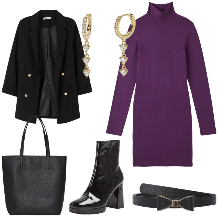 Outfit donna - Primavera appena iniziata. Stile Casual chic per Ufficio. Abbinamento con borse tote, vestiti midi/longuette, blazer, stivaletti, cinture, orecchini.