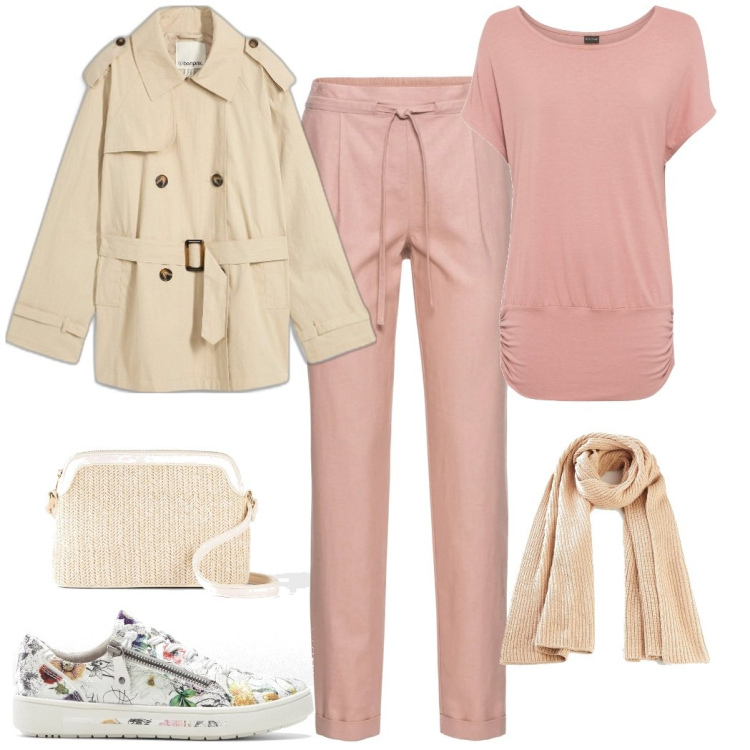 Outfit donna - Soft rose. Stile Casual chic per Tutti i giorni. Abbinamento con pantaloni, maglieria, trench, sneakers, borse a tracolla, sciarpe.