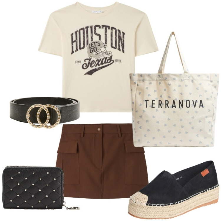 Outfit donna - Shopping in centro. Stile Casual per Tutti i giorni. Abbinamento con t-shirt, espadrillas, gonne, portafogli, cinture, shopping bag.