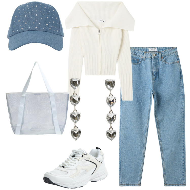 Outfit donna - Inaspettati orecchini nel Terranova look. Stile Sporty chic per Tutti i giorni. Abbinamento con jeans mom, cappelli, cardigans, sneakers, shopping bag, orecchini.