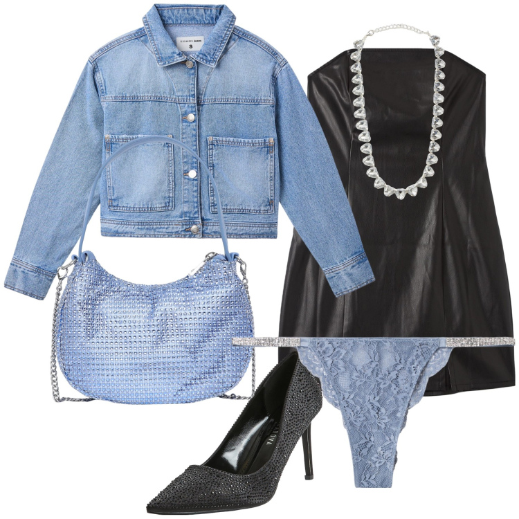 Outfit donna - Nero e azzurro. Stile Glamour per Serata fuori. Abbinamento con collane, décolleté, vestiti midi/longuette, culotte, cappotti, borse a spalla.