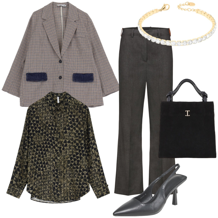 Outfit donna - In tono. Stile Urban per Ufficio. Abbinamento con décolleté, blazer, shopping bag, camicie, braccialetti, pantaloni.