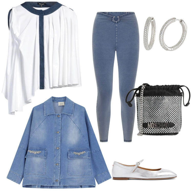 Outfit donna - Argento e jeans. per Ufficio. Abbinamento con camicie, borse a secchiello, orecchini, jeggings, blazer, ballerine.