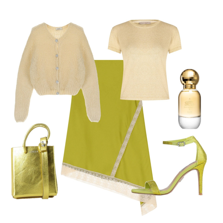 Outfit donna - Verso la primavera!. Stile Romantica per Serata fuori. Abbinamento con sandali col tacco, borse a spalla, profumi, t-shirt, gonne longuette, cardigans.