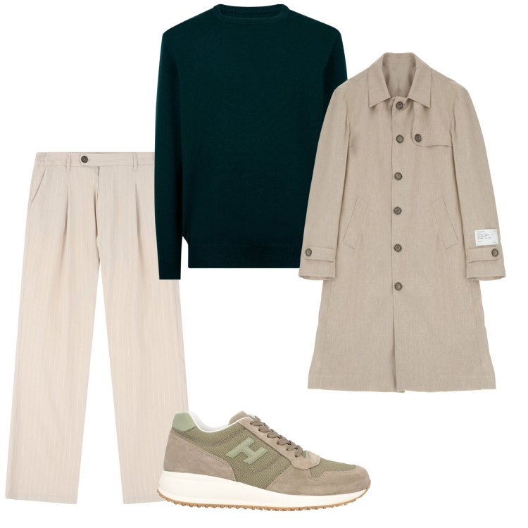 Outfit uomo - Piove. per Tutti i giorni. Abbinamento con sneakers, trench, pantaloni, maglieria.