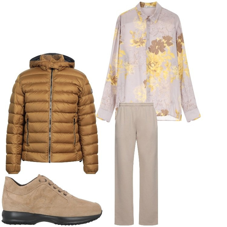 Outfit uomo - Fiori e freddo. Stile Casual per Tutti i giorni. Abbinamento con sneakers, piumini, camicie, pantaloni.