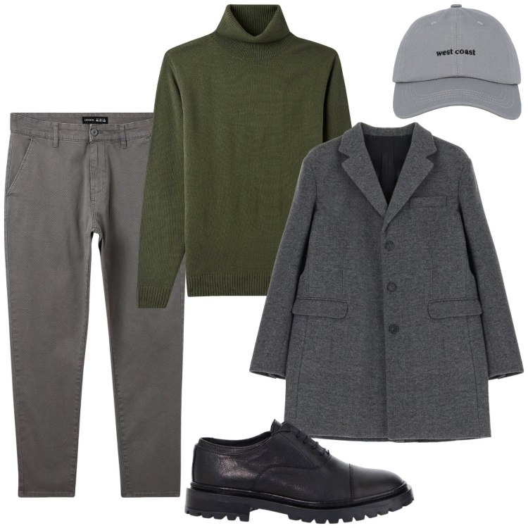 Outfit uomo - Cappotto classico e capello sportivo. per Ufficio. Abbinamento con cappelli con visiera, maglieria, pantaloni chino, cappotti, scarpe stringate.
