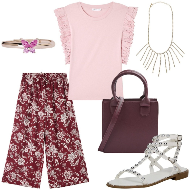 Outfit donna - Passeggiata al mare. Stile Bon Ton per Tutti i giorni. Abbinamento con t-shirt, pantaloni a palazzo, sandali, shopping bag, collane, anelli.