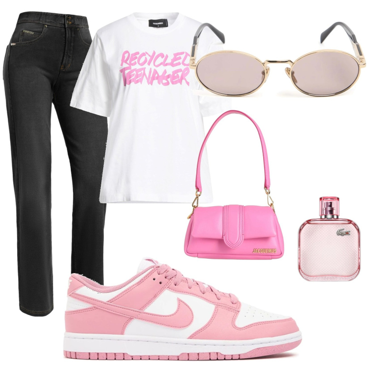 Outfit donna - School fit. Stile Basic per Scuola/Università. Abbinamento con borse a mano, t-shirt, profumi, jeans, sneakers, occhiali da sole.
