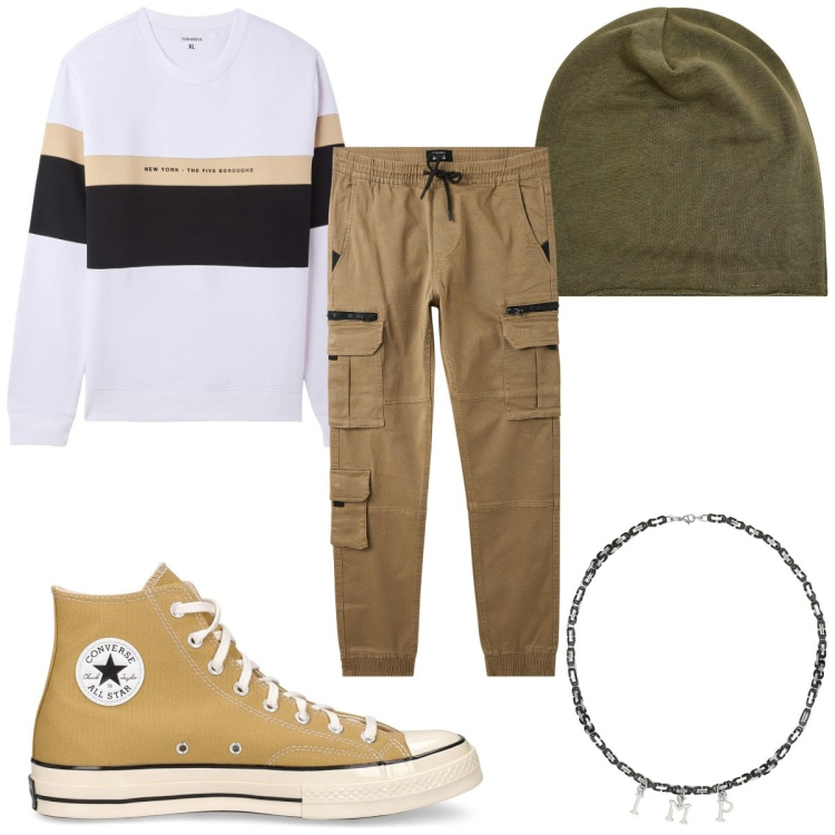 Outfit uomo - Total look #2071787. Stile Urban per Tutti i giorni. Abbinamento con felpe con cappuccio, pantaloni cargo, berretti, collane, sneakers.