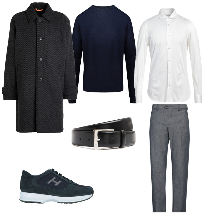 Outfit uomo - Evergreen stye. Stile Business/Elegante per Ufficio. Abbinamento con sneakers, pantaloni chino, cappotti, camicie, maglieria, cinture.