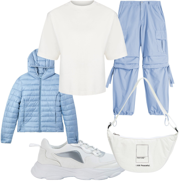 Outfit donna - Nuova collezione trend della stagione. Stile Basic per Sport. Abbinamento con marsupi, piumini, sneakers, pantaloni cargo, t-shirt.