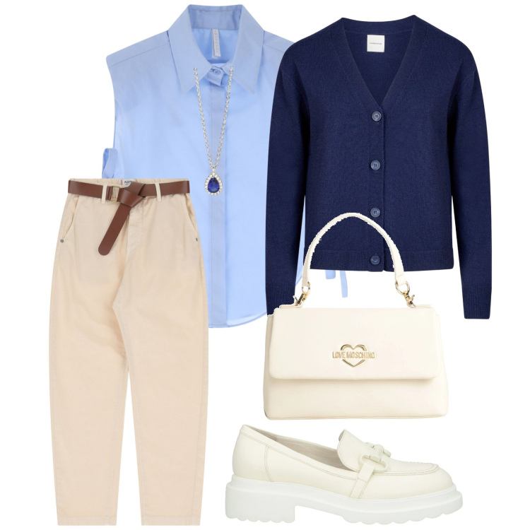 Outfit donna - Outfit fresco. per Tutti i giorni. Abbinamento con borse a mano, mocassini, collane, pantaloni chino, camicie, cardigans.