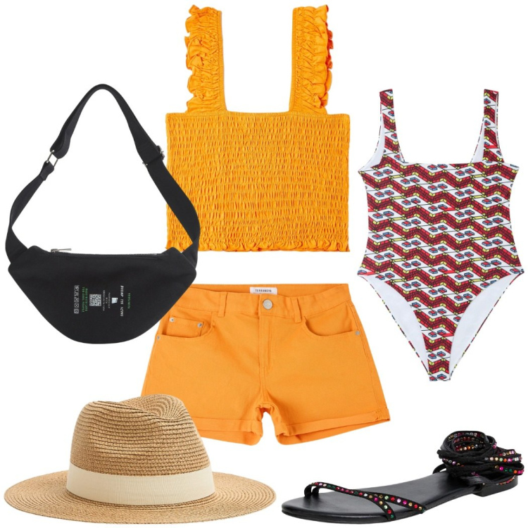 Outfit donna - Mare. Stile Casual chic per Mare. Abbinamento con cappelli, costumi interi, sandali alla schiava, top, marsupi, shorts.