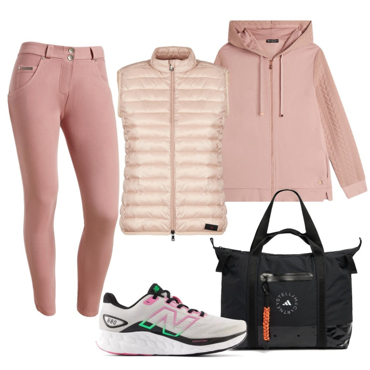 Outfit donna - Sportiva pink. Stile Urban per Tutti i giorni. Abbinamento con sneakers, pantaloni skinny, felpe con cappuccio, piumini, shopping bag.