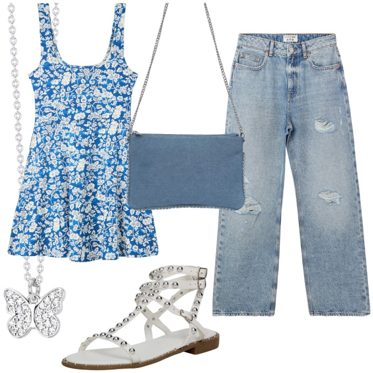 Outfit donna - Total look #2071824. Stile Casual per Tutti i giorni. Abbinamento con jeans strappati, vestiti corti, borse a tracolla, sandali, collane.